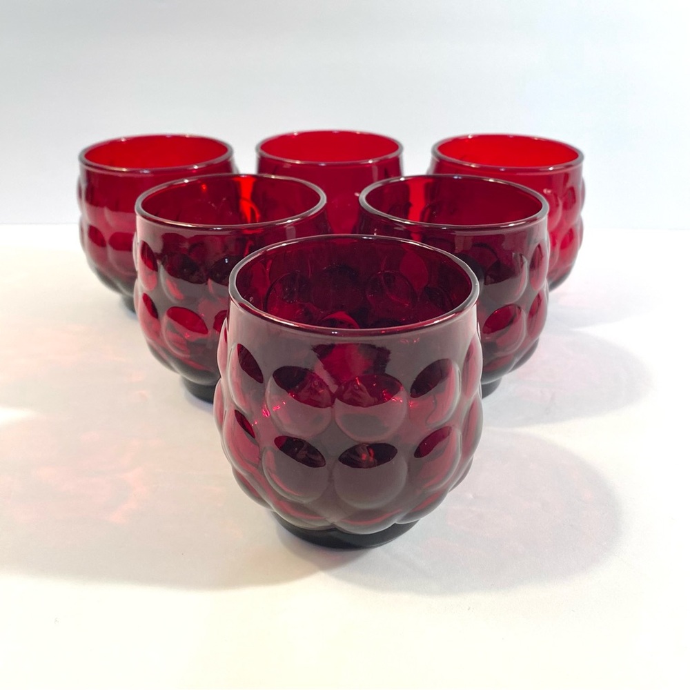 Vintage Anchor Hocking Set of 6 Six Royal Ruby Red Bubble Juice Cocktail Glasses
